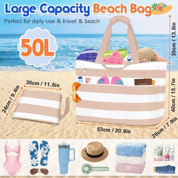 Women's Khaki White Waterproof Sandproof XL Tote Zipper Foldable Beach Bags - Picture 4 of 8